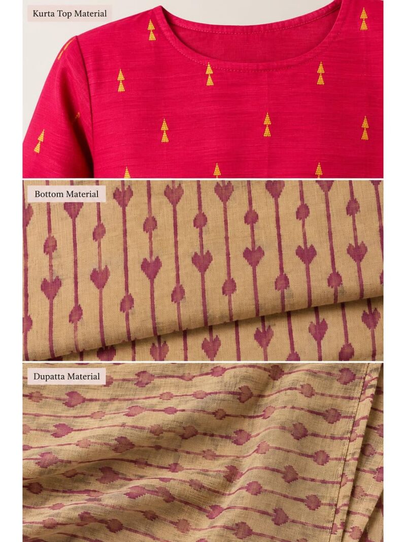 Women's Cotton Unstitched Dress Material - Red & Beige