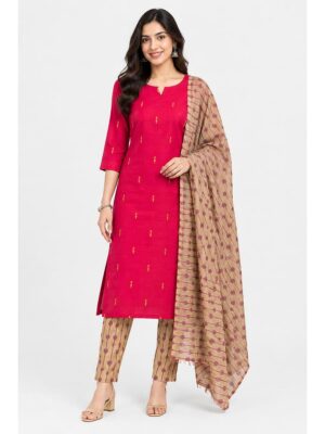 Women's Cotton Unstitched Dress Material - Red & Beige
