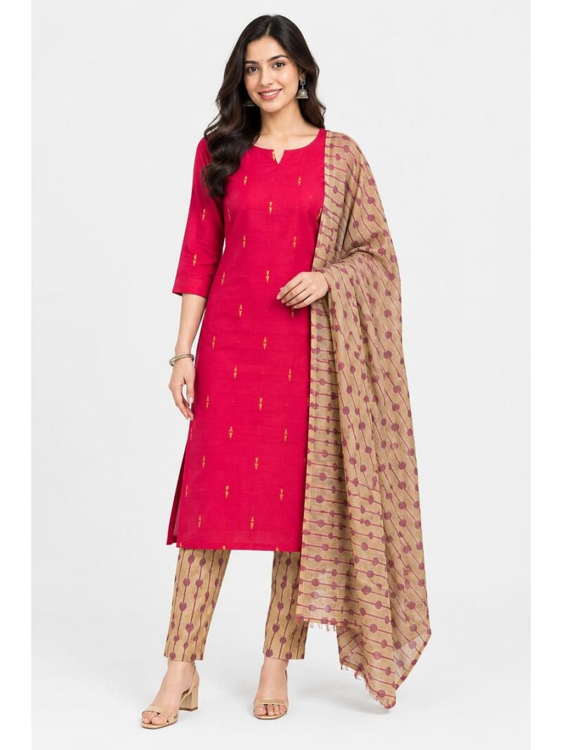 Women's Cotton Unstitched Dress Material - Red & Beige