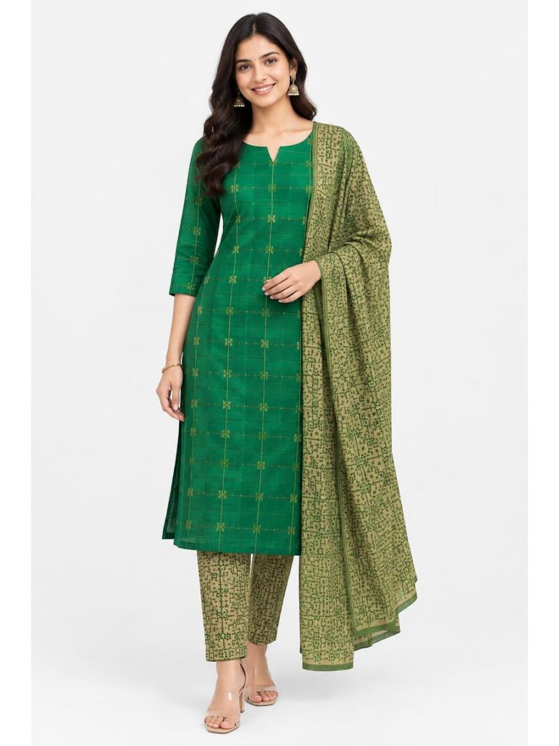 Women's Cotton Unstitched Dress Material - Green & Beige