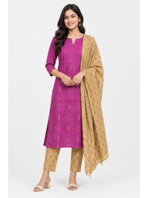 Women's Cotton Unstitched Dress Material - Pink & Beige