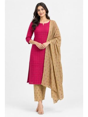 Women's Cotton Unstitched Dress Material - Cerise & Beige