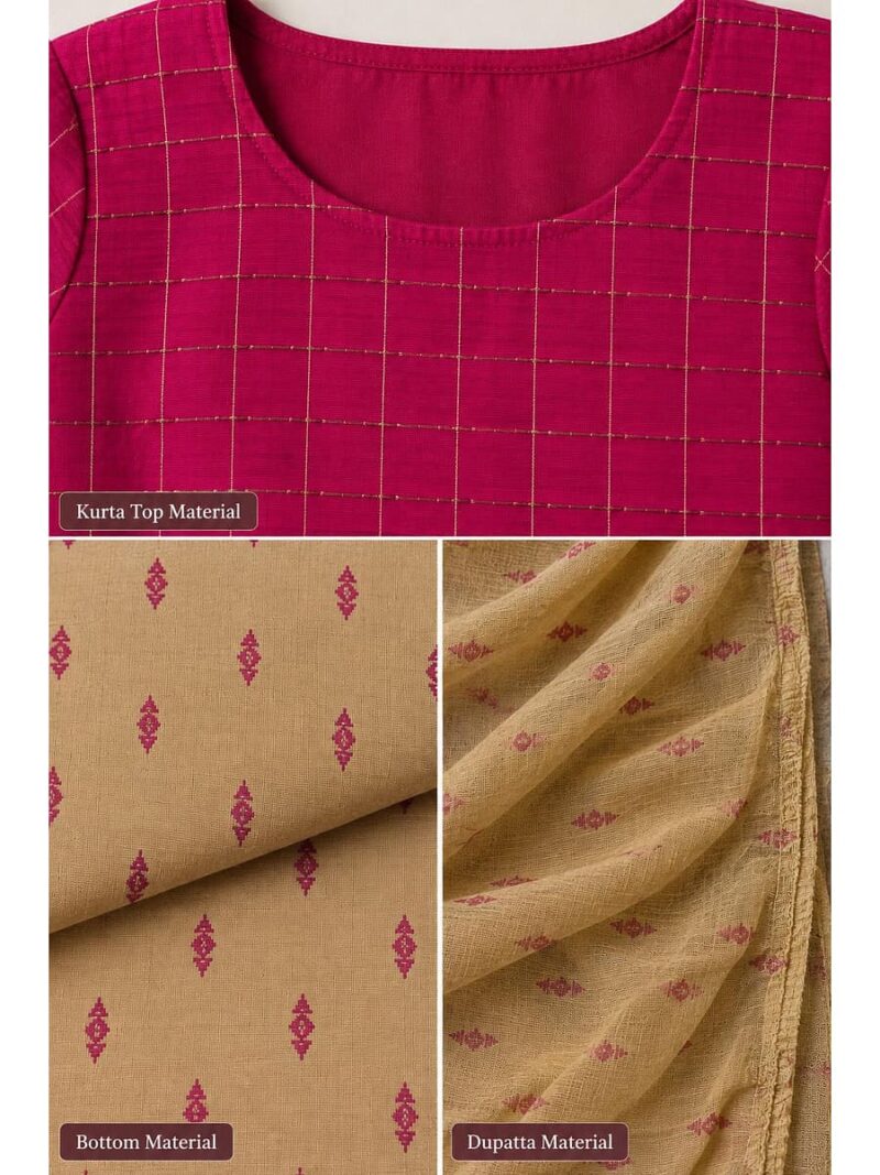 Women's Cotton Unstitched Dress Material - Cerise & Beige