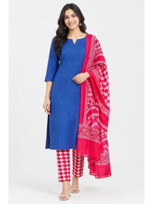 Women's Cotton Unstitched Dress Material – Royal Blue & Pink