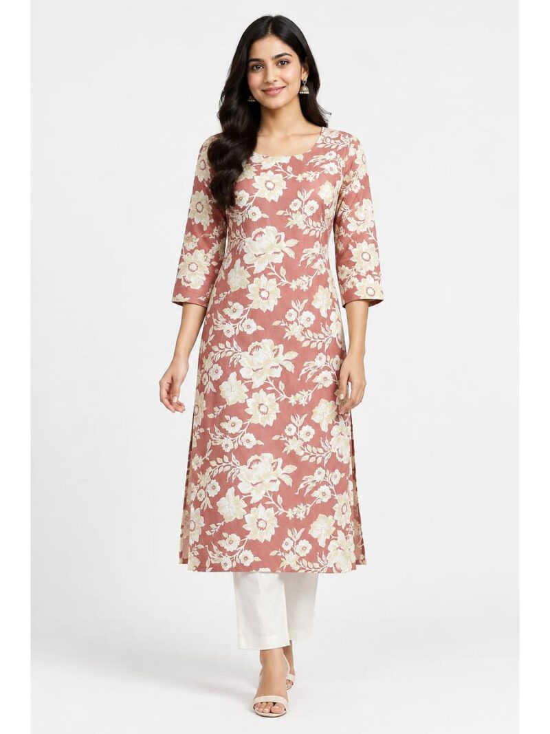 Women's Cotton Floral Printed Straight Kurta – Terracotta