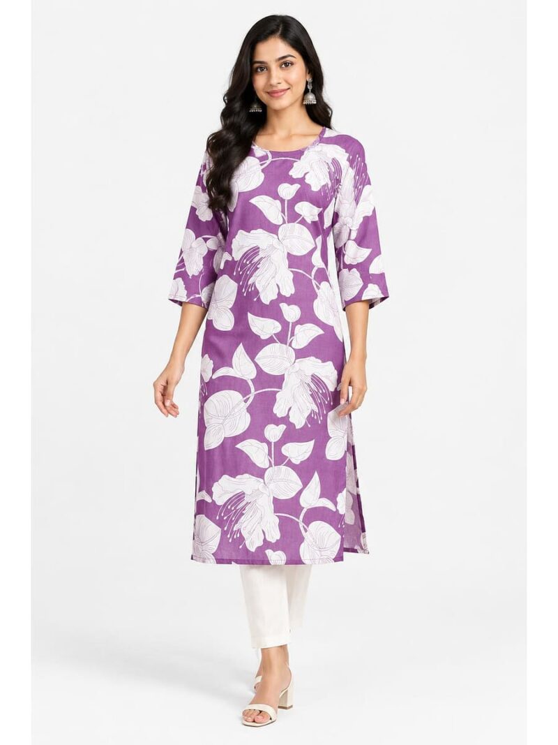 W-KT-642-02-LV-L_front Women's Cotton Floral Printed Straight Kurta – Lavender