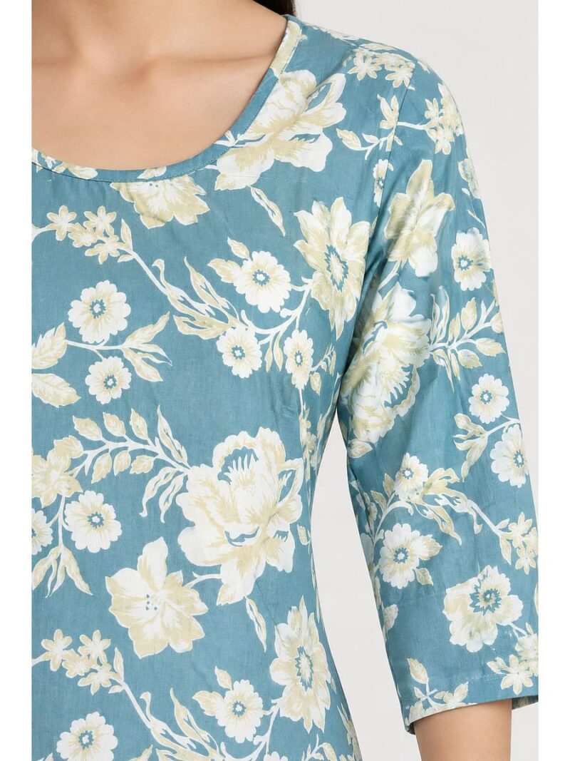 Women's Cotton Floral Printed Straight Kurta – Sky Blue