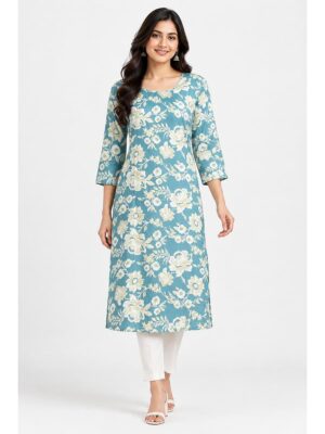 Women's Cotton Floral Printed Straight Kurta – Sky Blue
