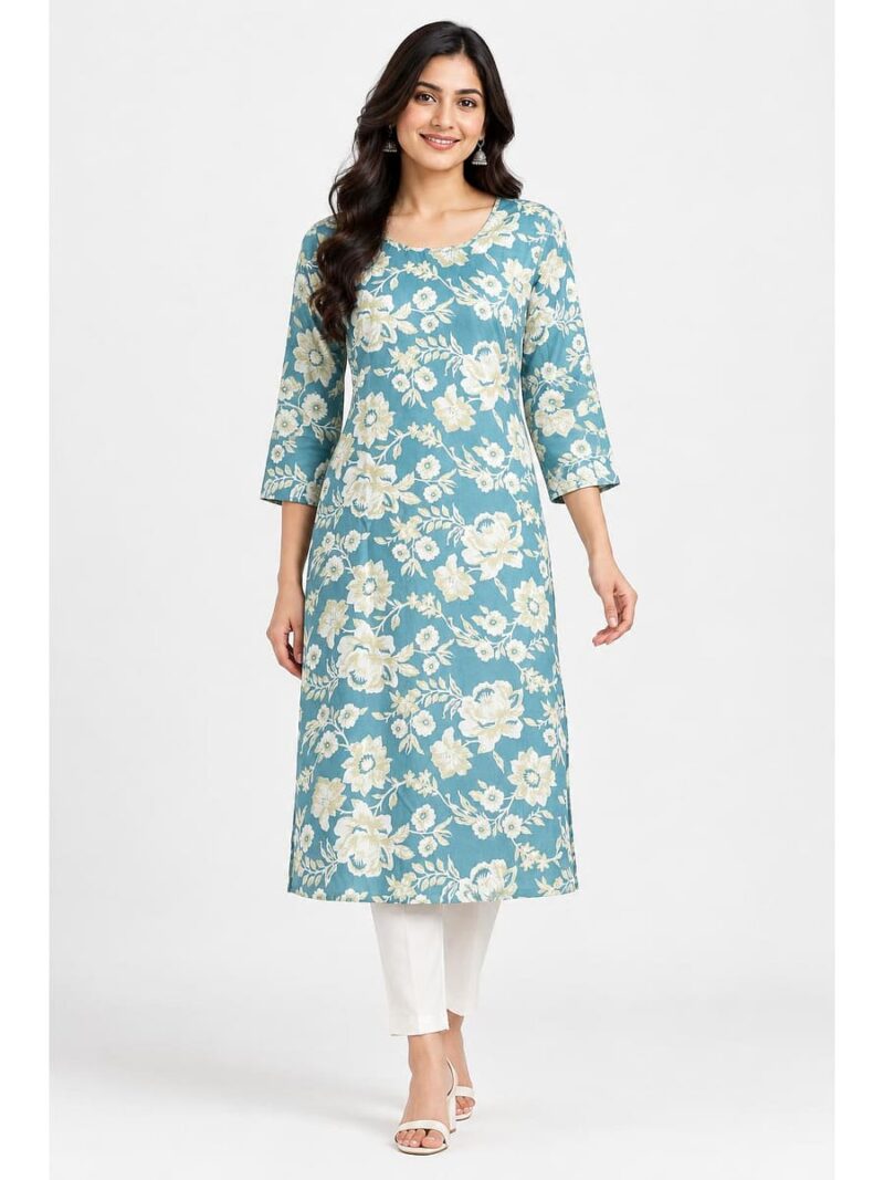 W-KT-642-03-SB-L_front Women's Cotton Floral Printed Straight Kurta – Sky Blue