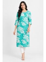 Women's Cotton Floral Printed Straight Kurta – Turquoise