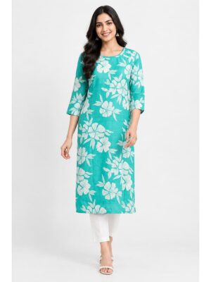 Women's Cotton Floral Printed Straight Kurta – Turquoise
