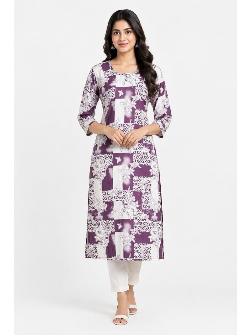 W-KT-642-05-PP-L_front Women's Cotton Floral Printed Straight Kurta – Purple