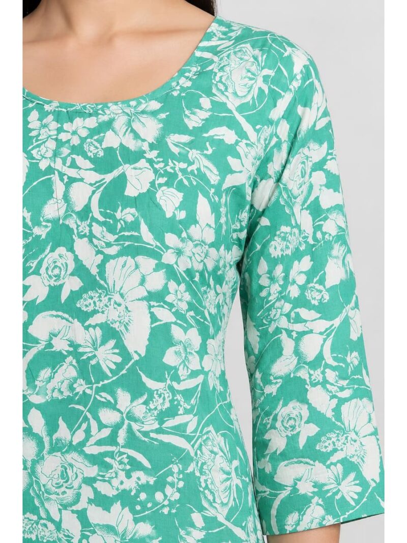 Women's Cotton Floral Printed Straight Kurta – Turquoise