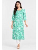 Women's Cotton Floral Printed Straight Kurta – Turquoise