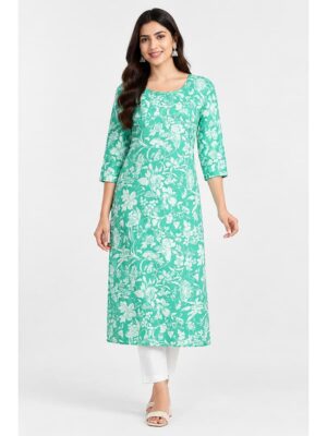 Women's Cotton Floral Printed Straight Kurta – Turquoise