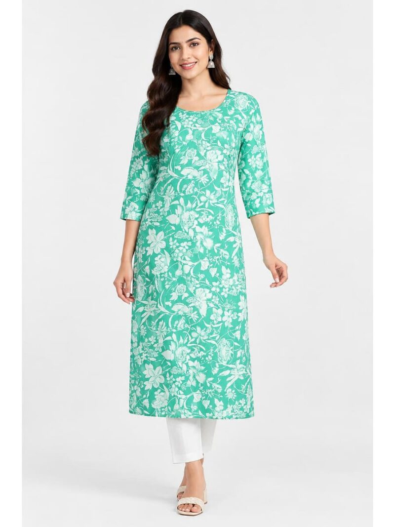 Women's Cotton Floral Printed Straight Kurta – Turquoise