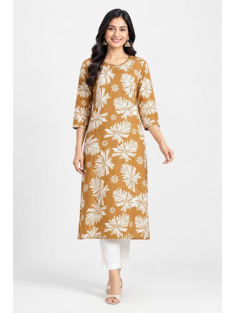Women's Cotton Floral Printed Straight Kurta – Tangerine