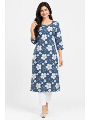 Women's Cotton Floral Printed Straight Kurta – Slate Grey