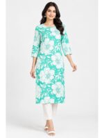 Women's Cotton Floral Printed Straight Kurta – Turquoise