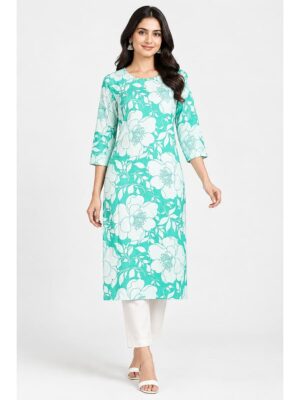 Women's Cotton Floral Printed Straight Kurta – Turquoise