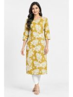 W-KT-642-11-MY-L_front Women's Cotton Floral Printed Straight Kurta – Mustard Yellow