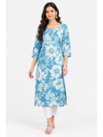 W-KT-643-02-SB-XL_front Women's Cotton Floral Printed Straight Kurta – Sky Blue