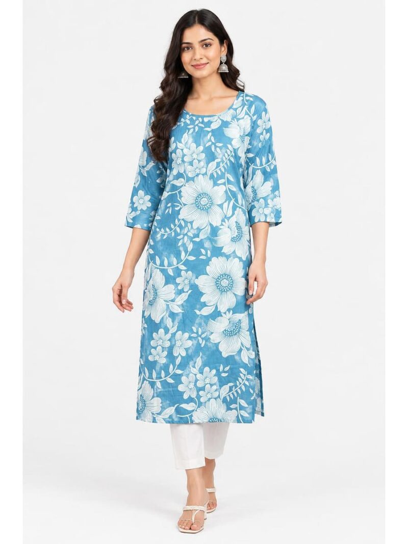 W-KT-643-02-SB-XL_front Women's Cotton Floral Printed Straight Kurta – Sky Blue