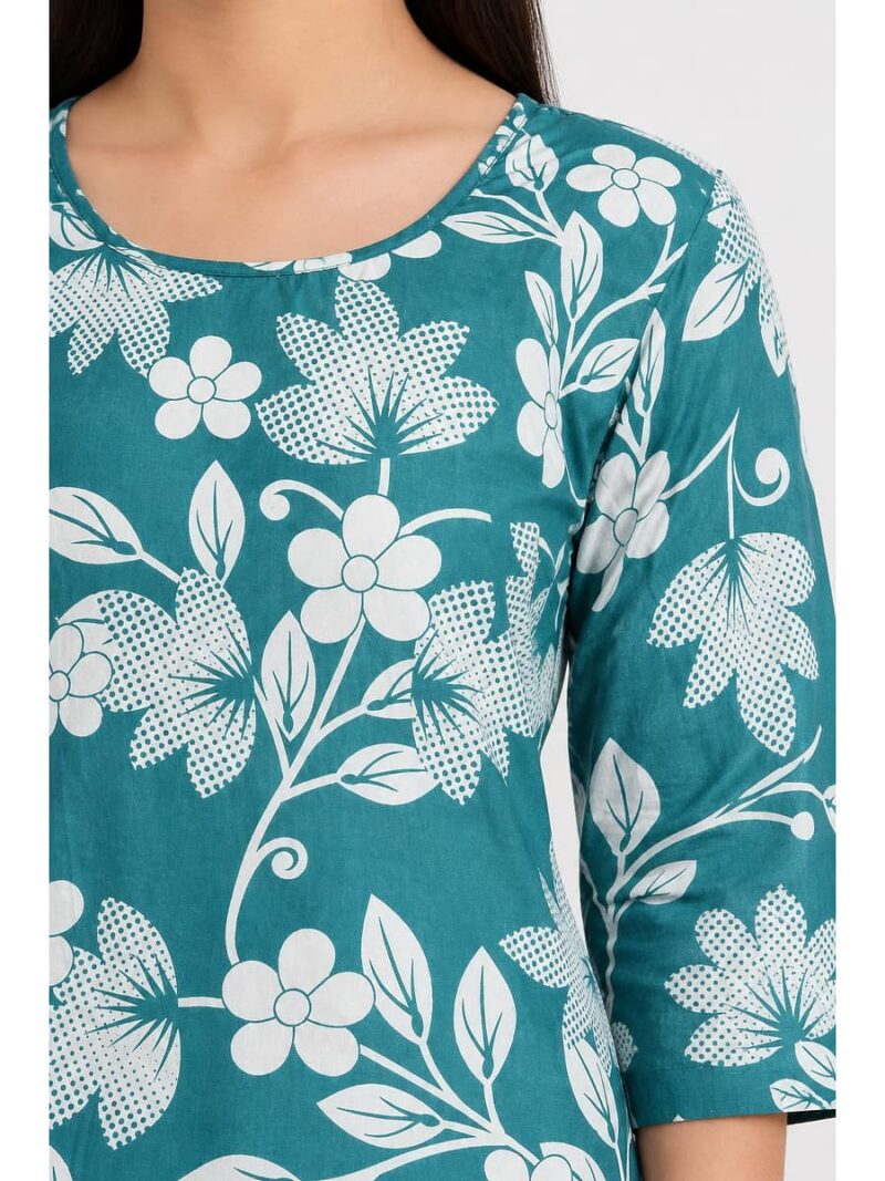 Women's Cotton Floral Printed Straight Kurta – Turquoise