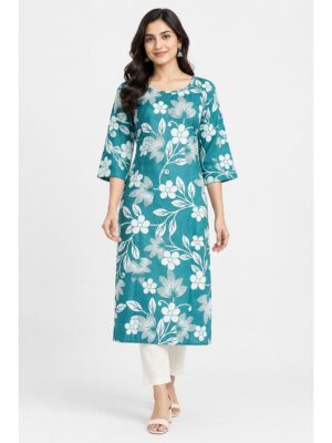 Women's Cotton Floral Printed Straight Kurta – Turquoise
