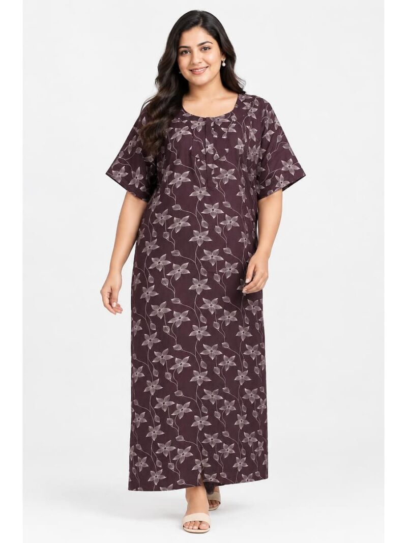 Women's Cotton Blend Floral Print Nighty – Burgundy