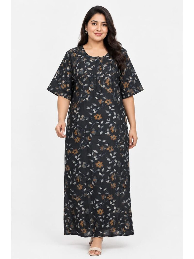 W-NY-563-03-NB-5XL_front Women's Cotton Blend Floral Print Nighty – Navy Blue