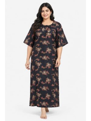 Women's Cotton Blend Floral Print Nighty – Navy Blue