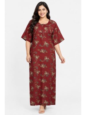 Women's Cotton Blend Floral Print Nighty – Maroon