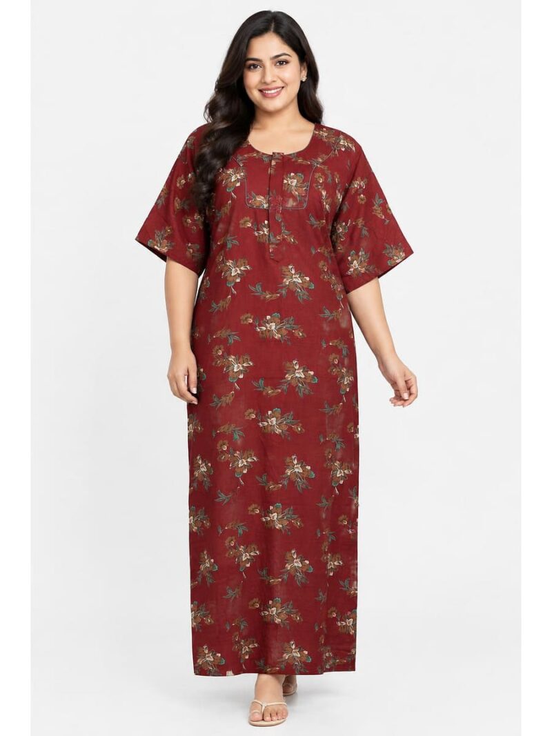 W-NY-563-10-MR-5XL_front Women's Cotton Blend Floral Print Nighty – Maroon