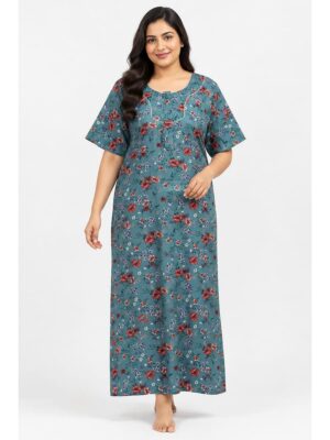 Women's Cotton Blend Floral Print Nighty – Sky Blue