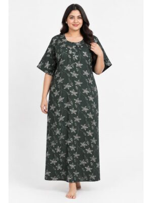 Women's Cotton Blend Floral Print Nighty – Green