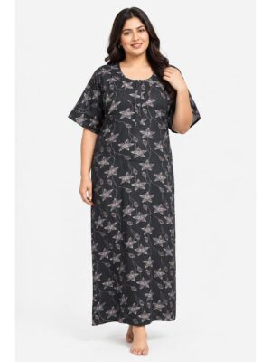 Women's Cotton Blend Floral Print Nighty – Black