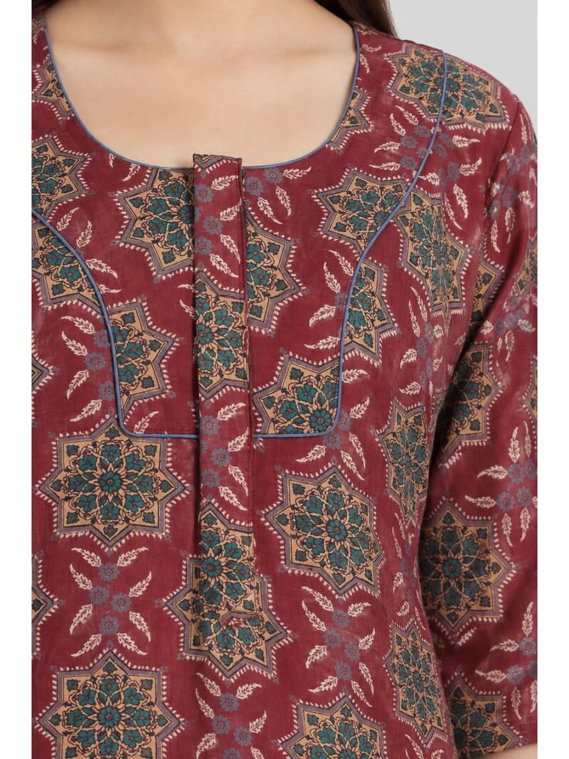 Women's Cotton Blend Floral Print Nighty – Maroon