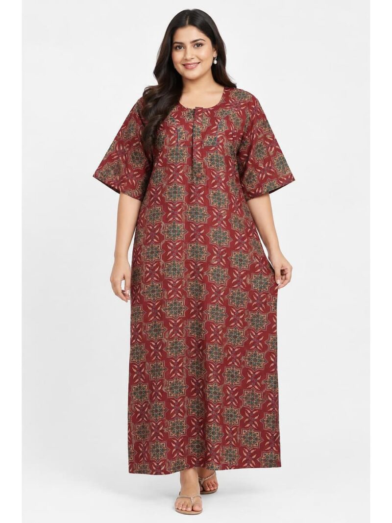 W-NY-563-15-MR-5XL_front Women's Cotton Blend Floral Print Nighty – Maroon