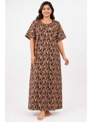 Women’s Cotton Plus-Size Zip Nighty -Brown