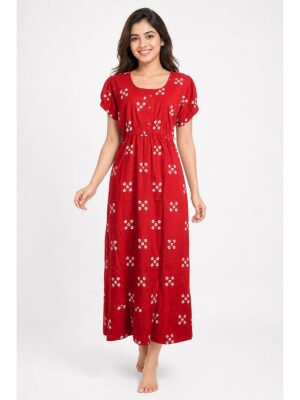 Women's Cotton Printed Frock Nighty – Red