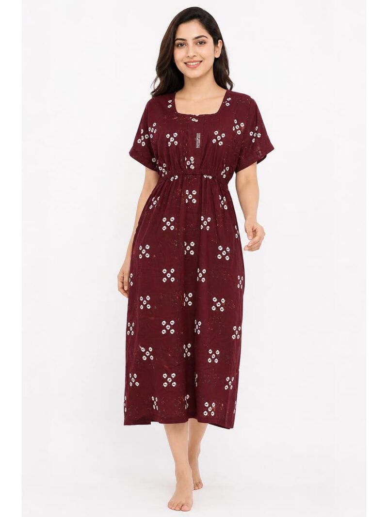W-NY-565-10-MR-XL_front Women's Cotton Printed Frock Nighty – Maroon