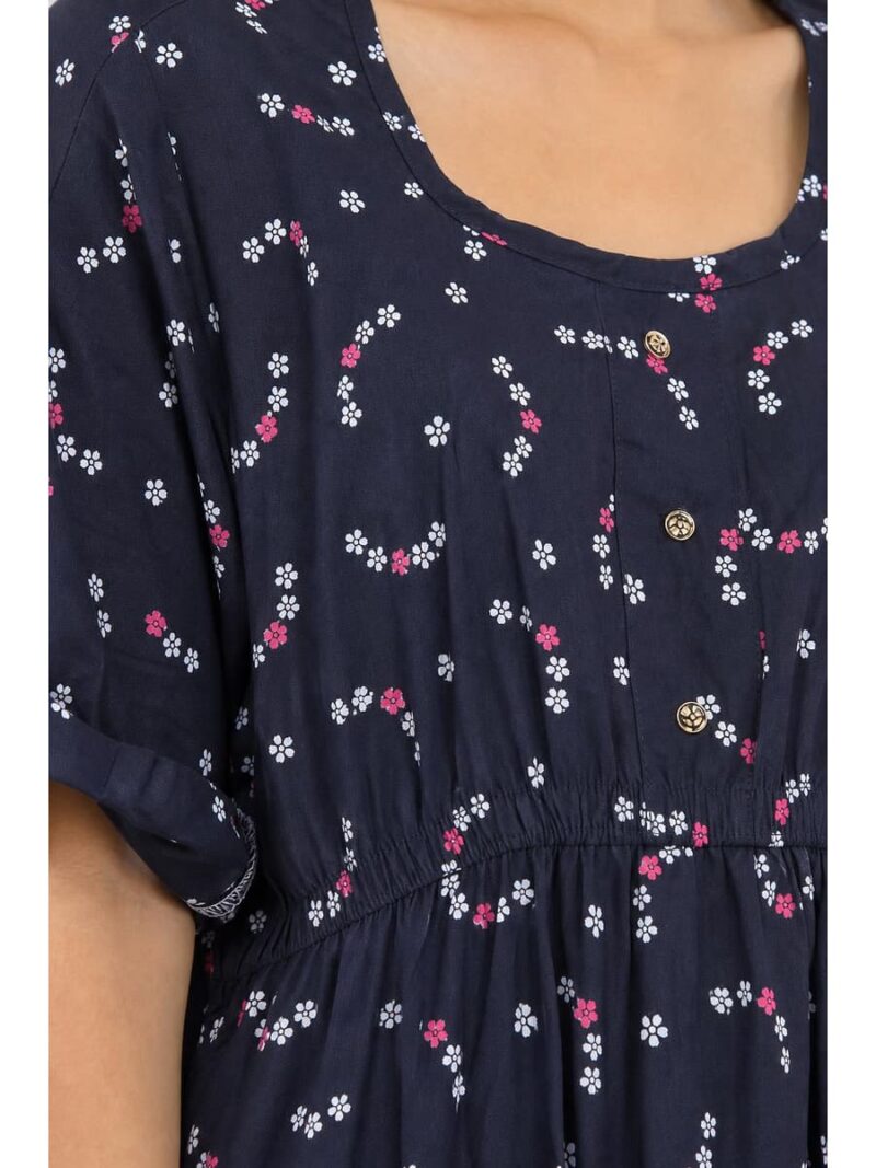 Women's Cotton Printed Frock Nighty - Navy Blue