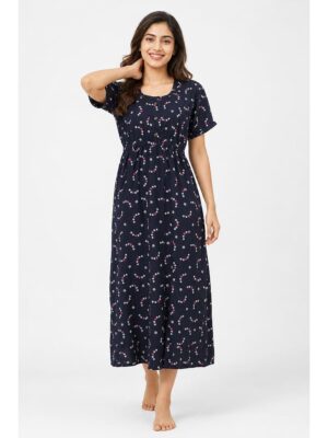 Women's Cotton Printed Frock Nighty - Navy Blue