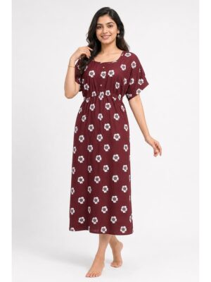 Women's Cotton Printed Frock Nighty - Maroon
