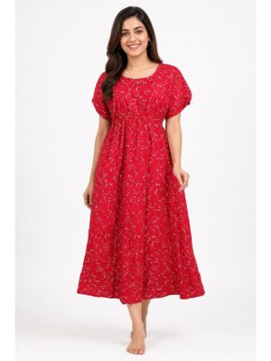 Women's Cotton Printed Frock Nighty - Raspberry