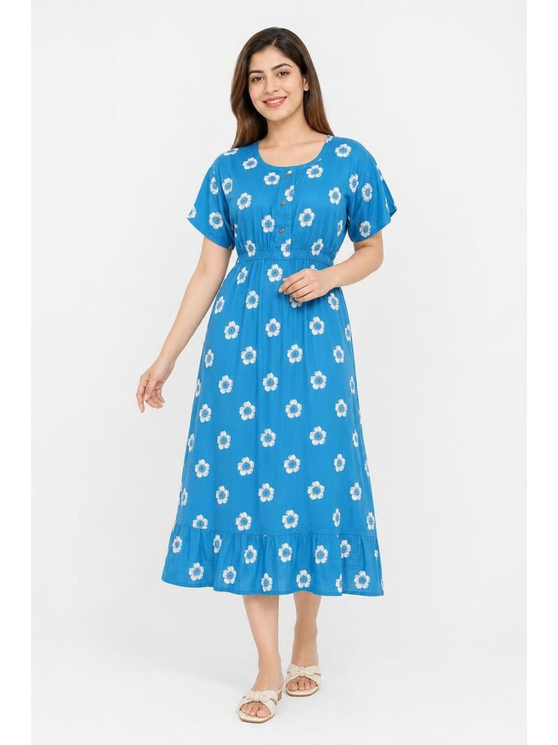 Women's Cotton Printed Frock Nighty - Blue