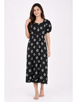 Women's Cotton Printed Frock Nighty - Black