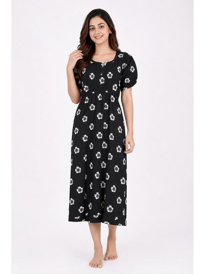 W-NY-566-05-BK-XXL_front Women's Cotton Printed Frock Nighty - Black