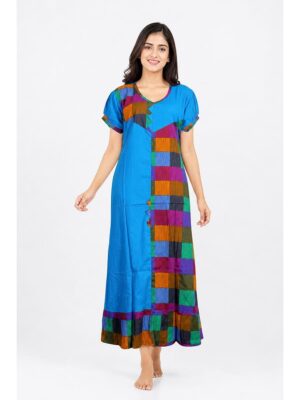 Women's Cotton Checked Frock Nighty – Blue Multicolor